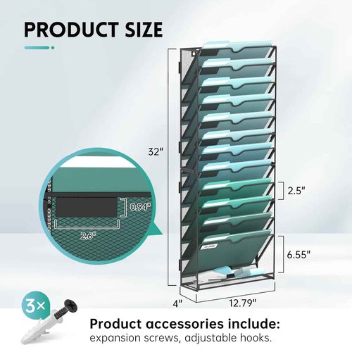 SUPEASY 13-Tier Wall File Organizer, Hanging Wall Files for Papers, Folders, Magazines, Wall Organizer for Clipboard, Assembly Needed, Black, 2 Pack