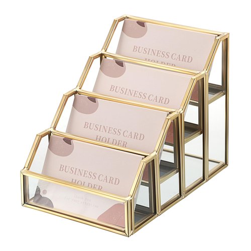 Hipiwe 4 Slots Glass Business Card Holder for Desktop, Gold Mirrored Business Card Display Stand, Multiple Clear Business Name Card Organizer Holder for Office Exhibition