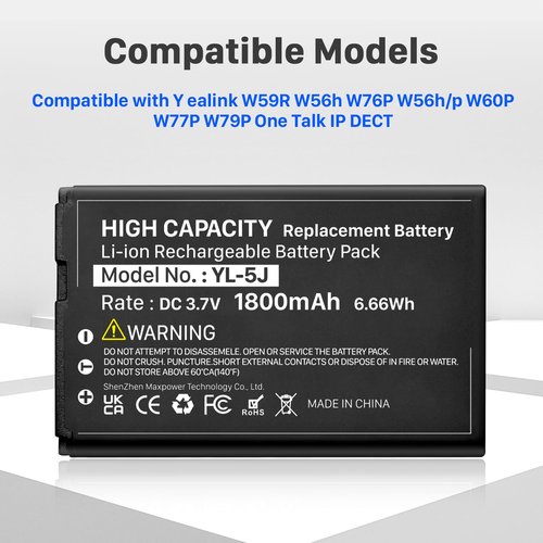 HUAENG 1800mAh YL-5J Battery Compatible with Yealink W56HB W59R W56h/p W59VR W76p W60P W77P W79P W56-BATT One Talk IP DECT 3.7V