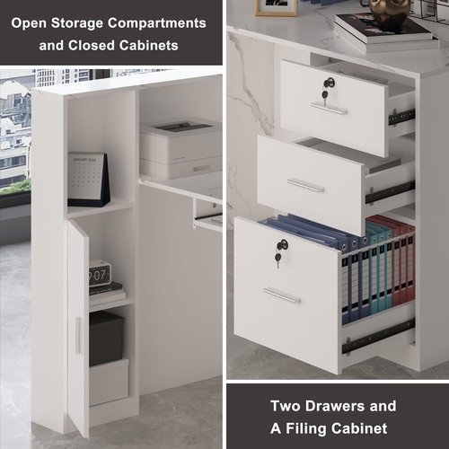 L-Shaped Reception Desk - Modern Front Counter with Lockable Drawers & Adjustable File Cabinet | Marble White, 86.6''L x 23.6''W x 41.3''H