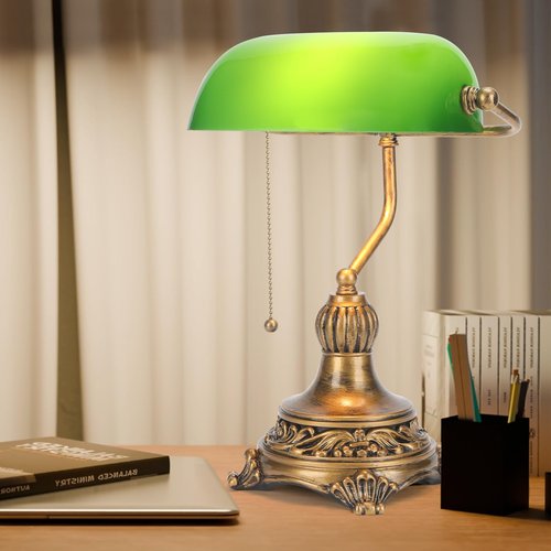 NISSAFORS Bankers Lamp with Pull Switch, Green Glass Desk Lamp with Retro Black/Gold Finish, Vintage Table Lamps for Living Room, Library, Piano(Green)
