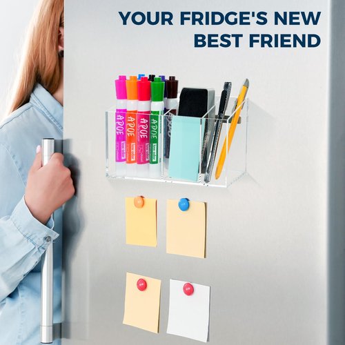 Banafich Strong Magnetic Pen Holder for Refrigerator, Whiteboard Dry Erase Marker Holder for Fridge, Magnet Acrylic Pen Holder with 3 Compartments, Magnetic Cup for School, Classroom, Locker Organizer
