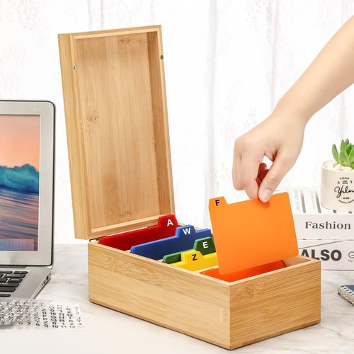 Henoyso 3 x 5 Inches Index Card Holder Set, Bamboo Recipe Box Organizer Index Cards Organizer, 50 Pcs Dividers 2 Sheets Alphabet Number Stickers File Note Holders for Office Business Home Kitchen
