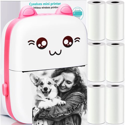 Portable Mini Thermal Printer with 6 Roll Printing Paper, Bluetooth Wireless Smart Mini Printer for iOS Android, Inkless Photo Picture QR Code Receipt List