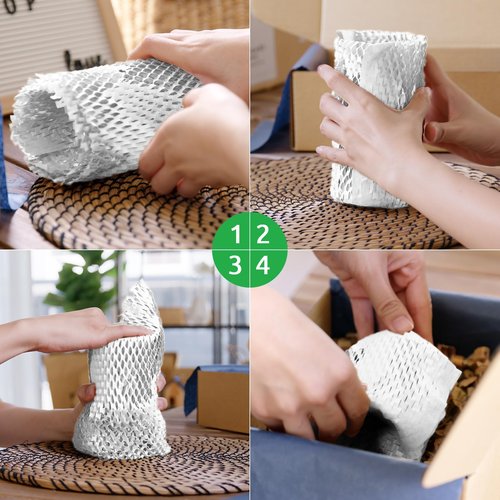 Honeycomb Packing Paper PINENUTS 15" x 131' Eco Friendly Packing Paper for Moving Recyclable Honeycomb Paper Bubble Paper Wrapping with 30 Fragile Sticker Labels and 66fthemp rope (White)