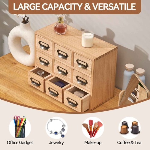 KIRIGEN Wood Drawer Organizer Desktop Storage Cabinet Box Drawers for Home Office Desk Organization and Storage 9 Drawer Mini Chest with Metal Handles Natural (9CG-NA)