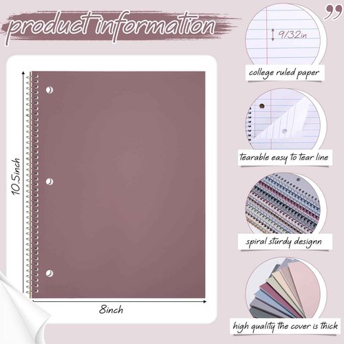 Teling 8 Pcs 1 Subject Spiral Notebook for Work College Ruled 8 x 10 1/2 Inch Spiral Journal Notebook 3 Hole Punched Paper Tear Line 70 Sheets Office School Study Supplies(Pretty Color,8 Pcs)