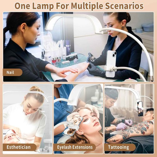 HITTI Large Estheticians Light, Flexible Gooseneck Lash for Eyelash Tech, LED Half Moon Light with Phone Holder, Stepless Dimming and 7 Color Modes Floor Lamp for Tattoo Artists Nail Craft Beauty