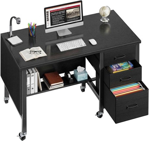 Regine Switzerland Rolling Teacher Desk - Mobile 47" Computer Desk with File Drawer & Privacy Panel | Modern Black Office Furniture