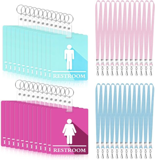 Skiennix 24 PCS Bathroom Passes - Colorful Key Holders with Lanyards for Schools & Businesses | Pink & Blue
