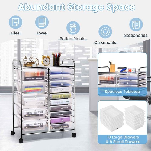 HOMGX Storage Cart with 15 Drawers, 15 Drawer Organizer Trolley, 15 Tiers Storage Trolley, File and Debris Storage Cart, Rolling Drawer Cart for Office and School (Clear)