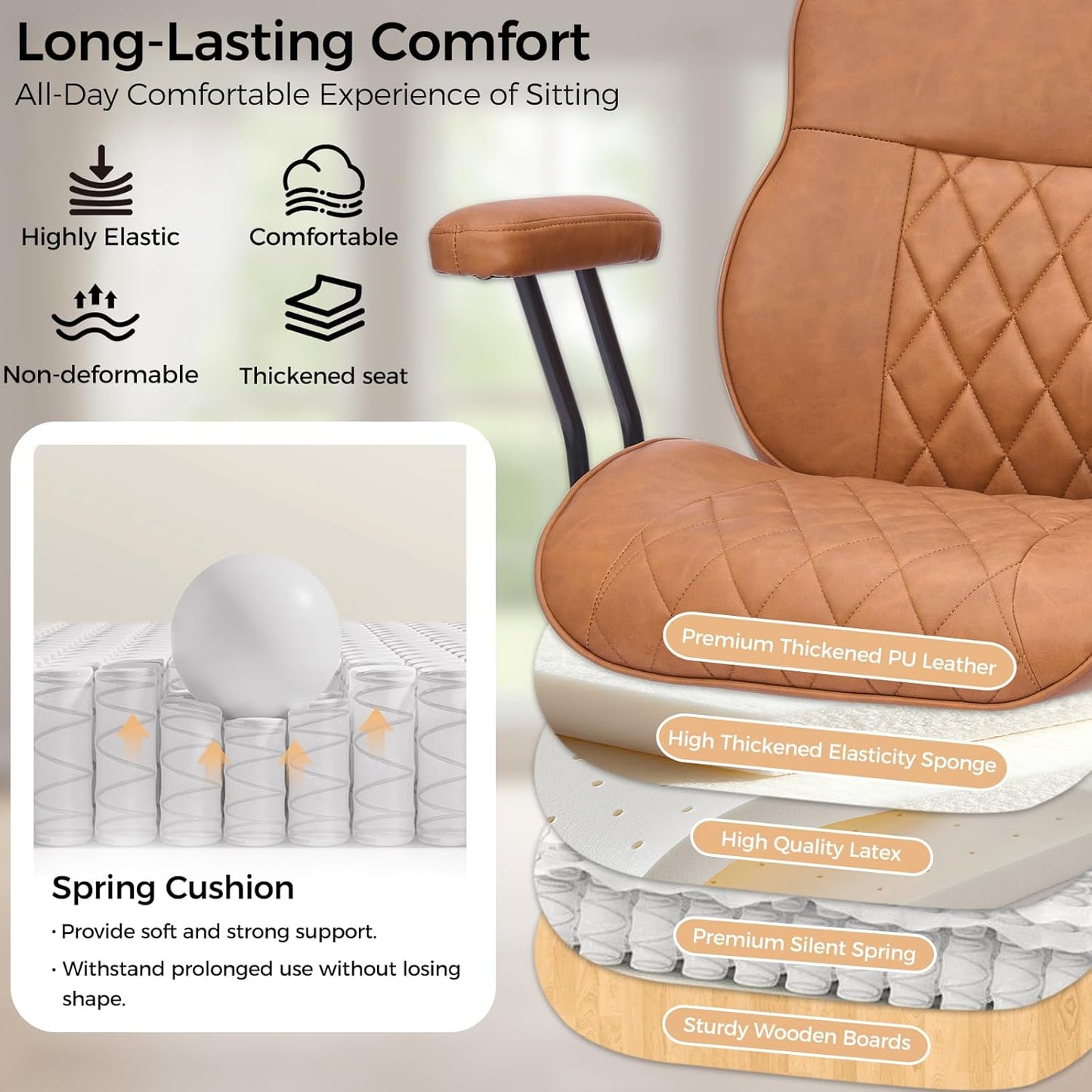 BEWISHOME Brown Leather Office Chair - Ergonomic Design with Lumbar Support & Adjustable Height | 360° Swivel