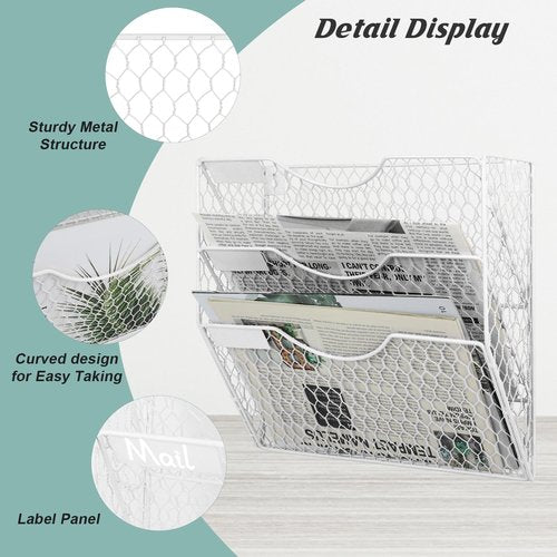 EASEPRES Mail Organizer Wall Mount Hanging File Holder Storage, Metal Chicken Wire Magazine Rack 3 Tier, White