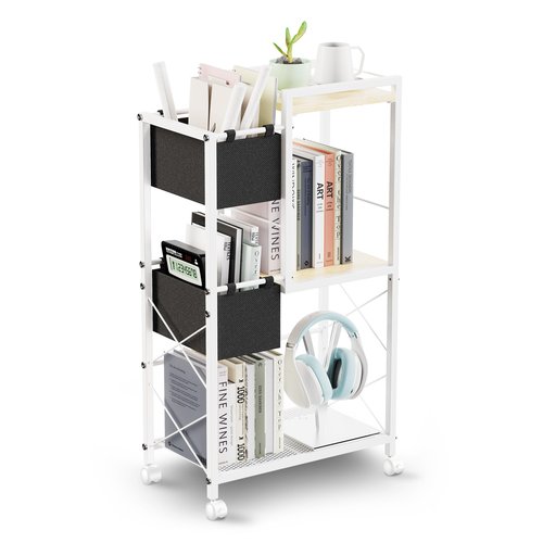 YITOBA 3 Tier Book Cart with Lockable Wheels, Movable Rolling Bookshelf, Metal Rolling Storage Cart, Small Utility File Organizer Cart for Office, Kitchen, Bathroom (White)
