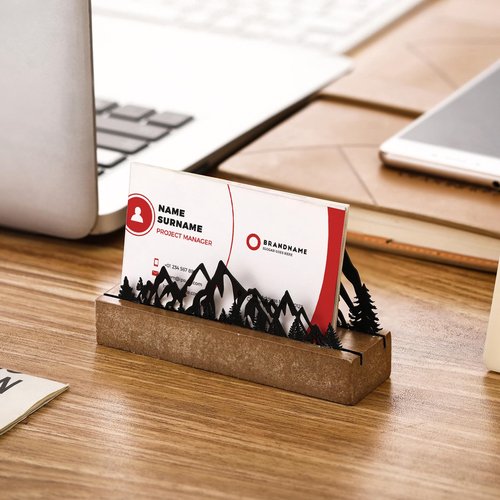 CroBlissful 2 Pcs Mountain Business Card Holders for Desk, Wood&Metal Black Mountain Range Forest Silhouette Business Card Display Stand for Home Office