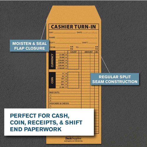 BankSupplies 4 1/2W x 10 3/8H, Cashier Turn-In Envelopes, 500 Brown Kraft Paper Envelopes, Standard Open End with Moisten and Seal Closure