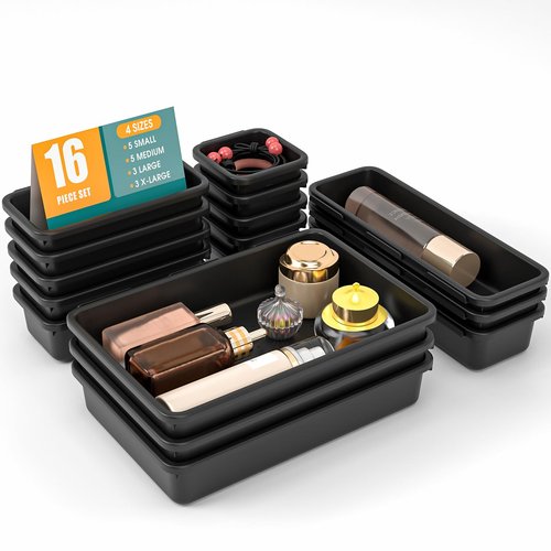 16 PCS Drawer Organizer Set, 4 Size Makeup Drawer Divider Organizer With Non-Slip Pads, Interlocking Plastic Storage Bins for Office,Jewelry Vanity,Gadgets, Bathroom,Kitchen, Black