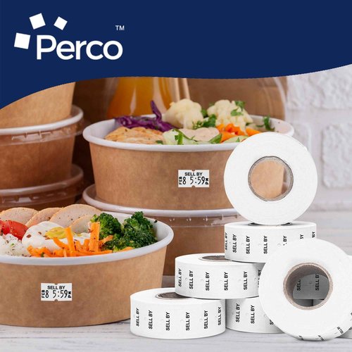 Perco 1 Line "SELL BY" Labels - 32 Rolls, 4 Sleeves, 32,000 Blank Date Gun Labels for Perco 1 Line Date Guns - Made in USA