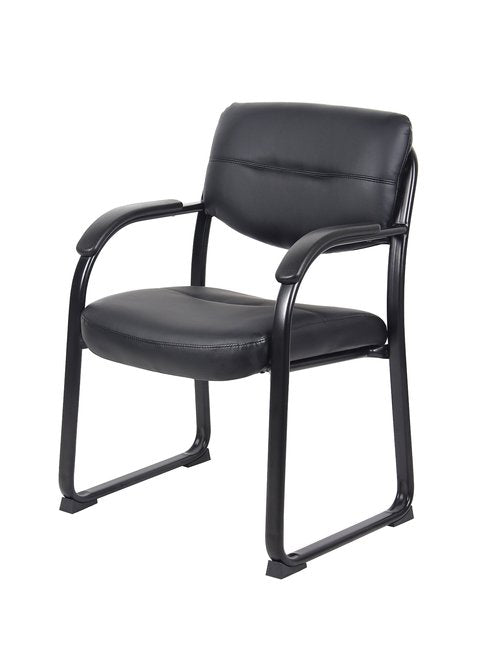 Boss Office Products Leather Sled Base Side Chair with Arms in Black