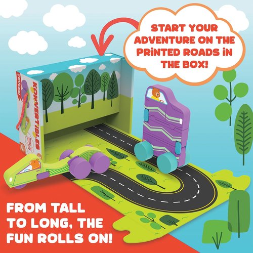 MindWare Konvertibles Transforming Wooden Trucks - 2-Piece Flip & Change Vehicle Set with Carry-Along Box for 3D Road Scene, Ideal Toddler Toy for Ages 18 Months+