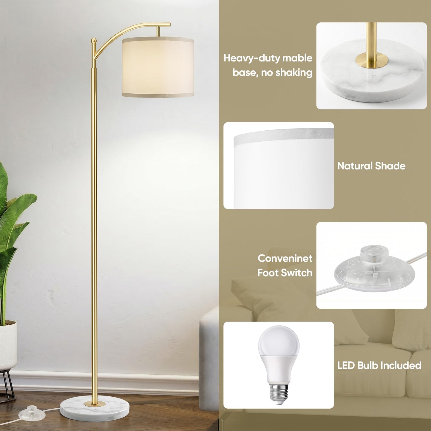 ROTTOGOON Gold Floor Lamp for Living Room with Marble Base, Modern Standing Lamp with 3 Color Temperatures Bulb & Adjustable Linen Shade, Tall Lamp for Bedroom Office Reading Nursery
