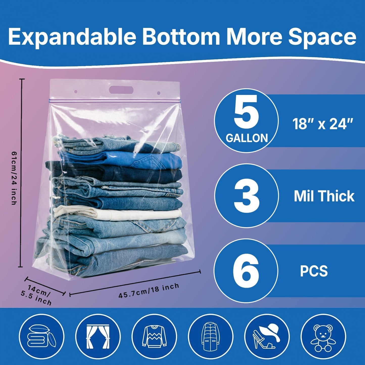 Xsourcer 5 Gallon 3 Mil Zipper Lock Plastic Bags with Handle and Expandable Bottom, 18"x24"x5.5" 6 Pack Heavy Duty Reusable Large Clear Zip Bags for Clothes, Sports, Travel, Moving
