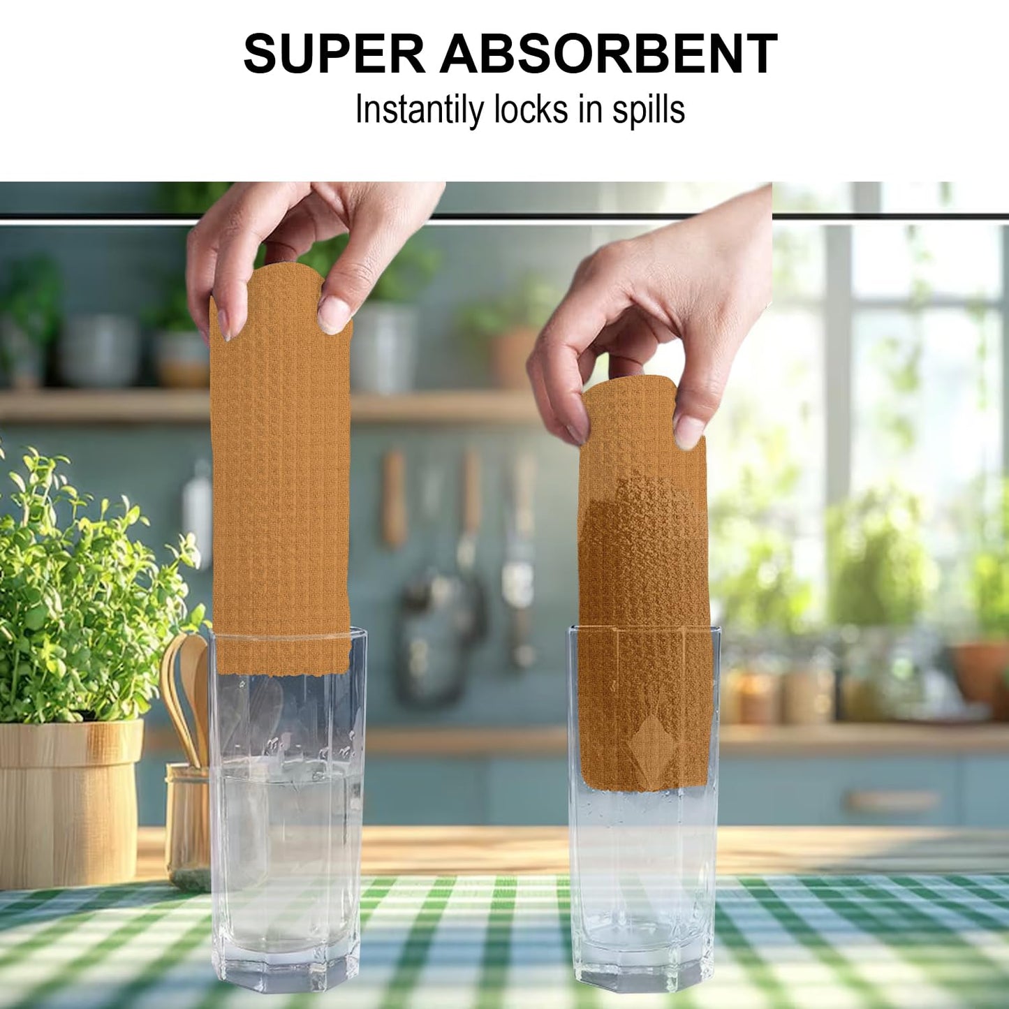 IXORA DECOR 100% Cotton Kitchen Towels Set of 4 | 2 Solid Dyed Waffle Weave Dishcloths & Geometric Digital Print Kitchen & Table Linen Cloth | Super Absorbent Napkins | 50 x 70 Inches