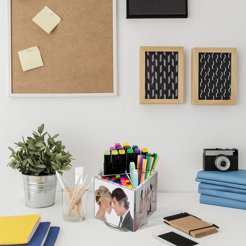 Sherr 4x4 Photo Cube Pen Holder for Desk Picture Frames for Office, Acrylic Rotating Pen Pencil Holder, Holds 4 Photos, Office Desk Tabletop Organizer(for Photos of 4" X 4")