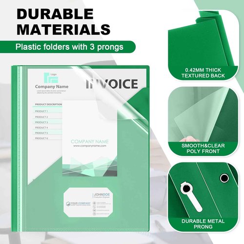 Teling 24 Pcs Clear Report Cover with 3 Prongs, Plastic Report Presentation Folders 90 Sheet Capacity Resume Document Covers for School Office(Green)
