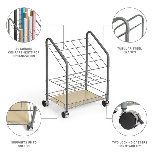 Safco Tubular Steel Wire Roll File Cart, Document and Blueprint Holder, 20 Compartment, Rolling Organizer Cart for Architectural Drawings, Construction Plans and Map Storage