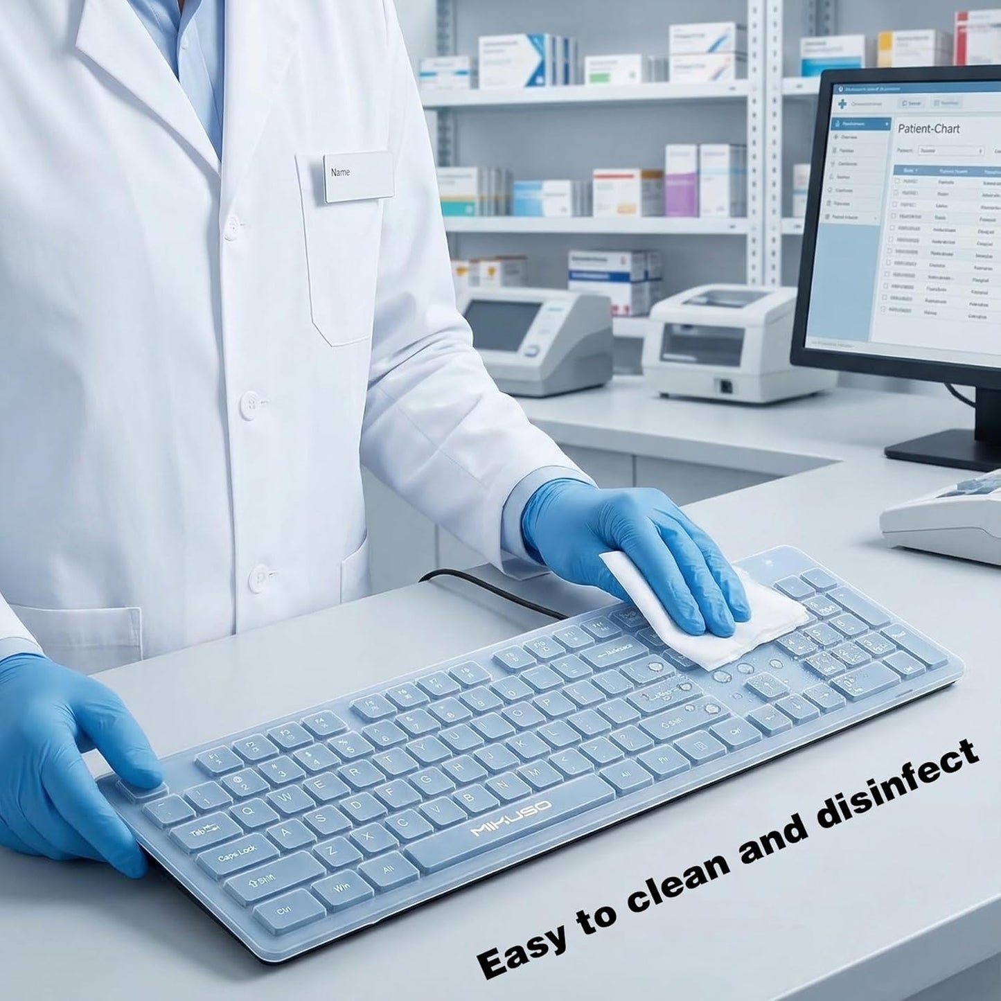 Spill Proof Keyboard - Full Size Wired 104 Keys with Easy Clean Cover & Laser Etched Keycaps | Black