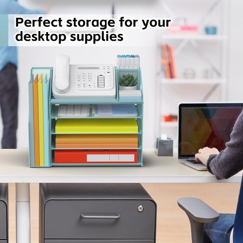 DocNest 5 Tier Mesh Paper Letter Tray Organizer - Stylish Blue Desk File with Handle & Pen Holder