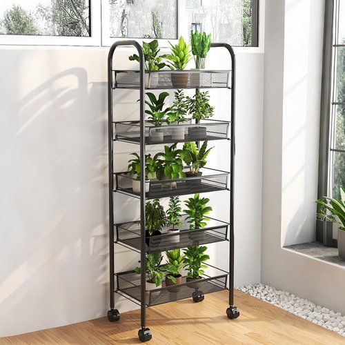 Rolling Pantry Storage Cart - 5-Tier Metal Portable Pantry Organizer with Wheels, Multi-Functional Storage Trolley for Kitchen, Office (Black)