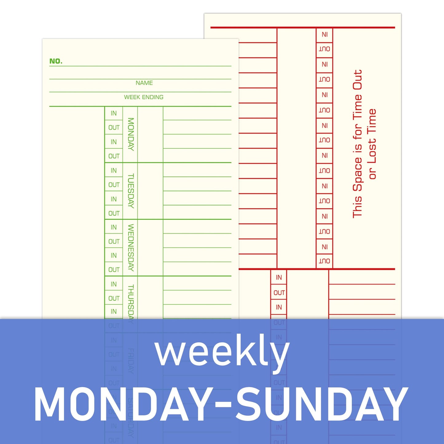 Weekly Time Cards 2-Sided, Named Days, 3-3/8" x 8-1/4", 500-Count, Time Cards for Employees, Green/Red Print, Timecards for Time Clocks