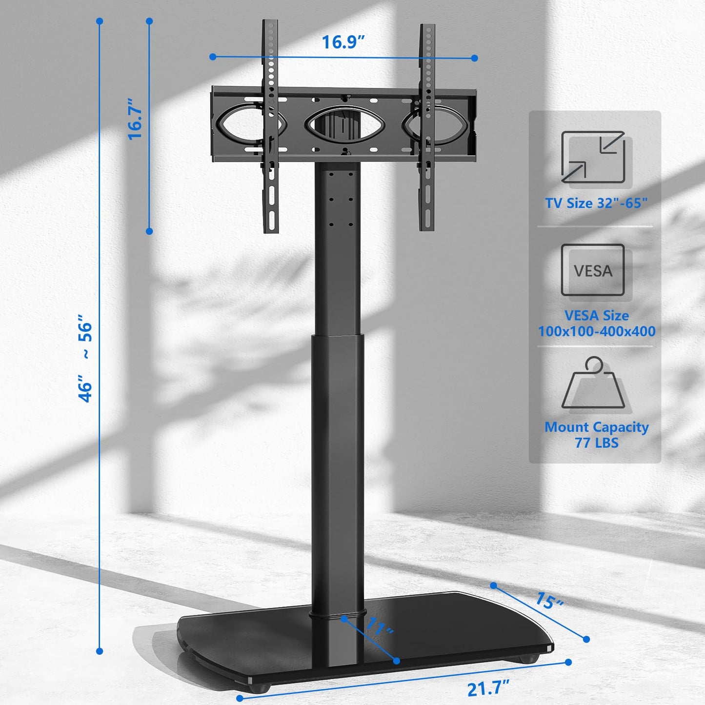 Rfiver Swivel TV Floor Stand with Mount, Universal for 32-65 Inch LCD LED Flat Screen, Height Adjustable TV Mount Stand with Shelf, Space Saving Corner TV Stand for Home Office