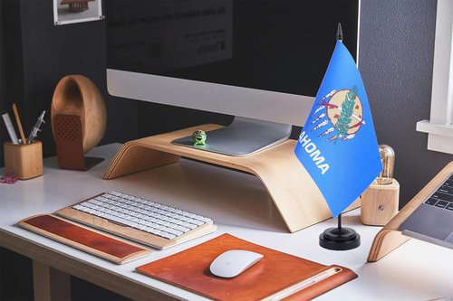 WXTWK 2 Pack USA Oklahoma Flag Oklahoma State Desk Flag Set - Mini Small Oklahoma Table Office Flags with Black 12" Solid Pole Stand Base Classroom Meeting Desktop Decorations