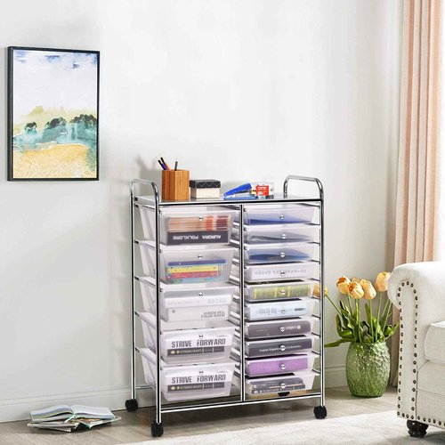 FANTASK 15 Drawers Rolling Storage Cart, Multipurpose Mobile Rolling Drawers Craft Organization w/Drawers & Wheels, Utility Storage Organizer Carts for Scrapbook Paper Supply Kids School Office Home