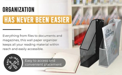 YBM HOME Wall Magazine Holder and Desk Organizer Rack Keeps Up to 20 Magazines Upright, Steel Mesh Magazine Desk Organizer and File Storage for Home and Office - Black
