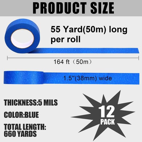 Fainne 12 Rolls Blue Painters Tape Bulk, 1.5 Inches x 55 Yards Masking Tape, Trim Edge Finishing Tape for Walls Painting Labeling Home School Decoration