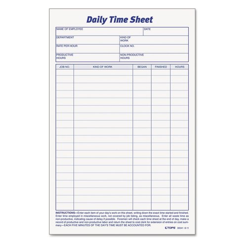 TOPS 30041 Daily Time Sheets, 6-Inch x9-1/2-Inch, 100 Sheets/Pad, 2PD/PK, White