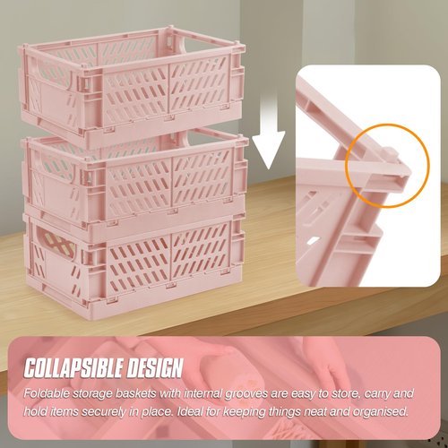 HOYA PONYOO 4 Pcs Collapsible Storage Crates, 10x5.9x4 inches Space-Saving Folding Containers, Stackable Plastic Boxes for Home Kitchen Office Bedroom Bathroom, Pink