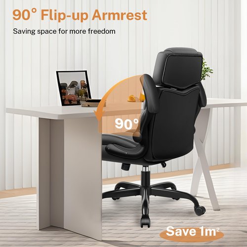 BestGlory Office Chair Flip Up Arms, Executive Leather Office Chair Ergonomic Desk Chair with Lumbar Support, Adjustable Headrest, Computer Chair Home Office Desk Chair with Rocking Function