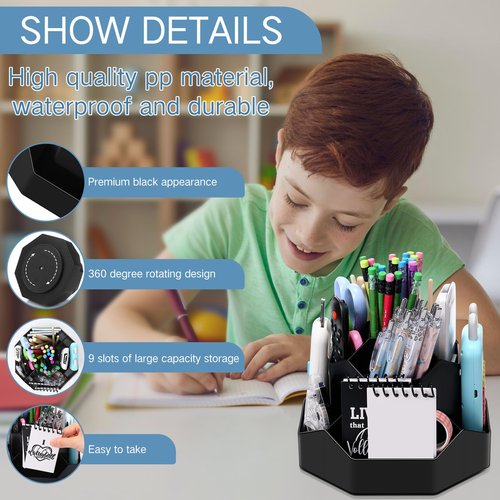Sunnychicc 2 Pcs 9 Slots 360° Rotating Pencil Pen Holder for Desk,Rotating Desk Organizer for Office Home Art Supplies(Black)