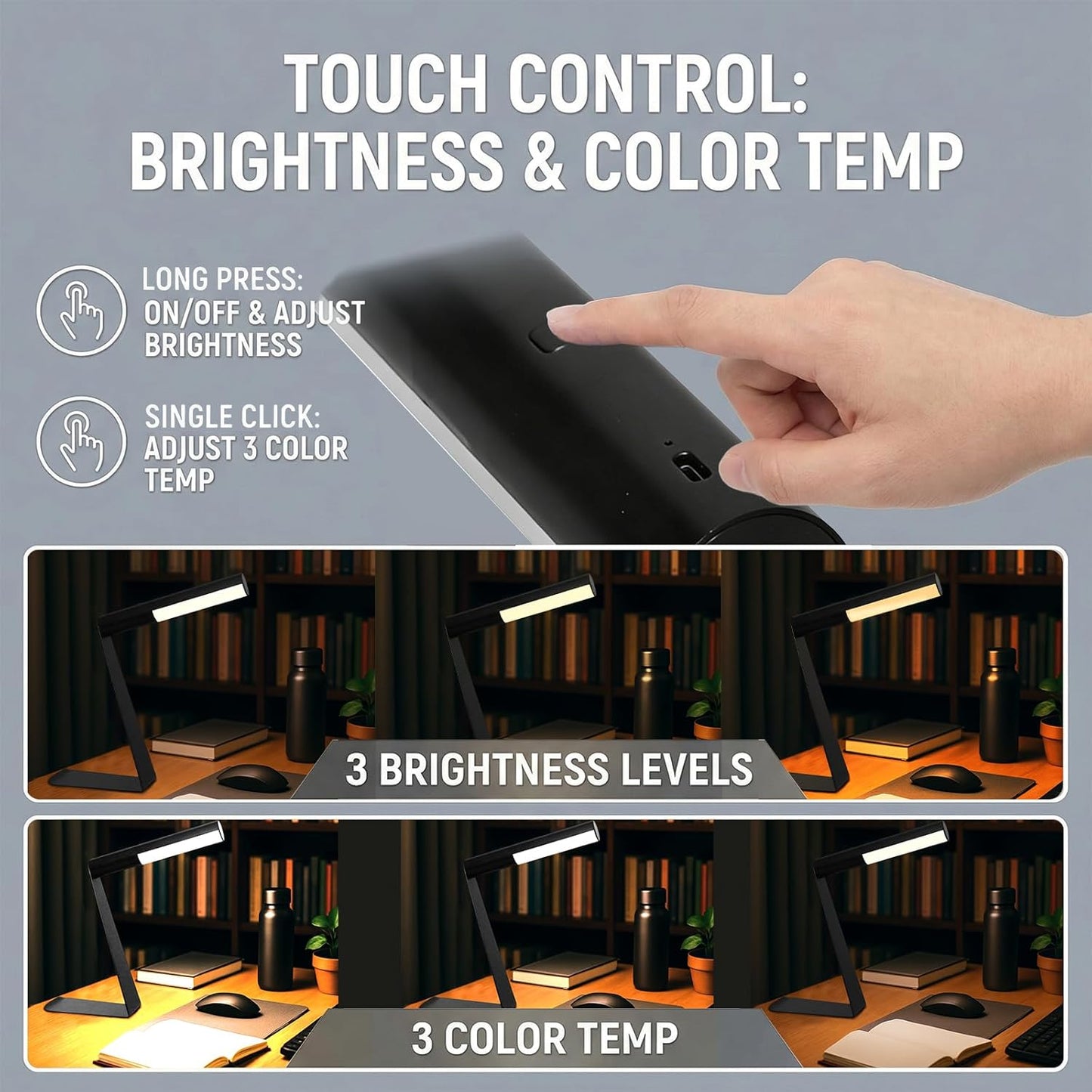 Skiennix Magnetic Portable Desk Lamp - 3-Color Dimmable Rechargeable Mini Table Light for Bedroom & Office