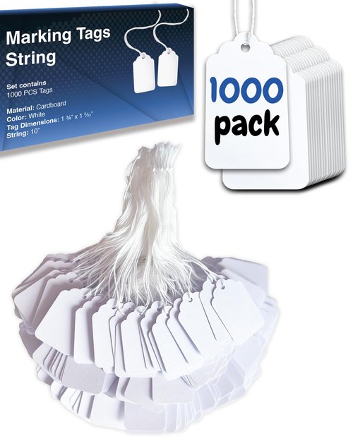 Easytwelve - 1000 Pcs White Price Tags with String Attached, Hang Tags for Product, Labeling 1.75 x 1.093 inch