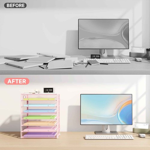 Biciyarn 8 Tier Paper Organizer with Handle, Metal Mesh Desk File Organizer, Large Capacity Desk Organizers Paper Letter Tray Desktop Document Sorter for Office, Home or School - Pink
