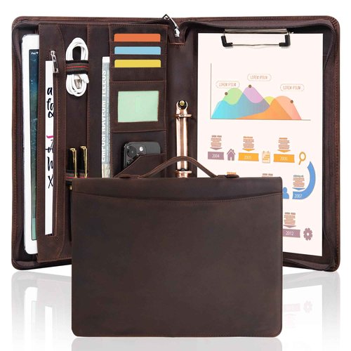 Calfinder Genuine Leather Portfolio Binder with Zipper and Handle, Padfolio for Women&Men, Personalized Gift for Professionals,Business Portfolio Notebook,Resume A4/Pad,Dark Brown