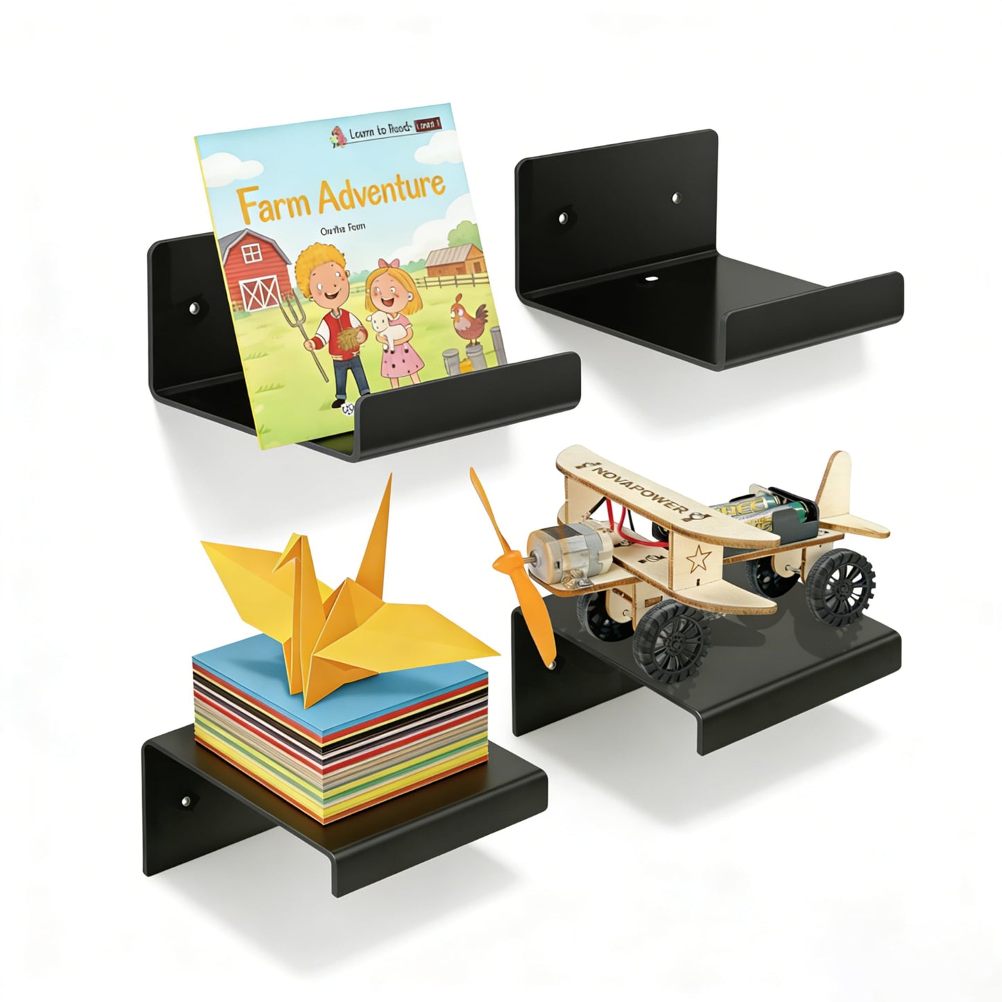PerYoLyf 4 Pack Magnetic Book Shelf for Whiteboard, 4 * 4 Inch Extra-Wide Reusable Acrylic Magnetic Shelves, Floating Display Shelf for Classroom, Office, Kitchen, Kids Room (Black)