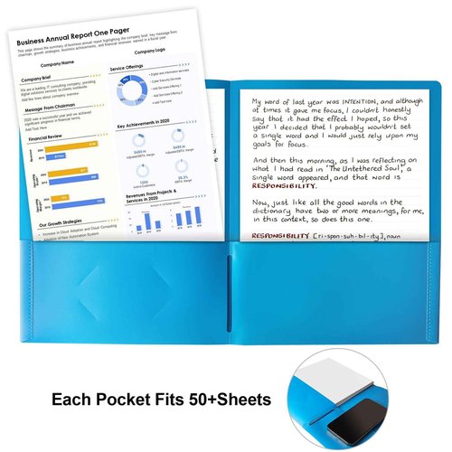 HABGP 100 Folders with Pockets, 5 Color Heavy Duty Plastic Two Pocket Folder with Business Card Holder for Office High School Business Resume