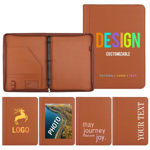 Personalized 3 - Ring Binder with Zipper, Customizable Design for Logo/Photo/Quote, Multi - Pocket Document Holder Ideal for Business Presentations, Students & Daily Organization, Brown